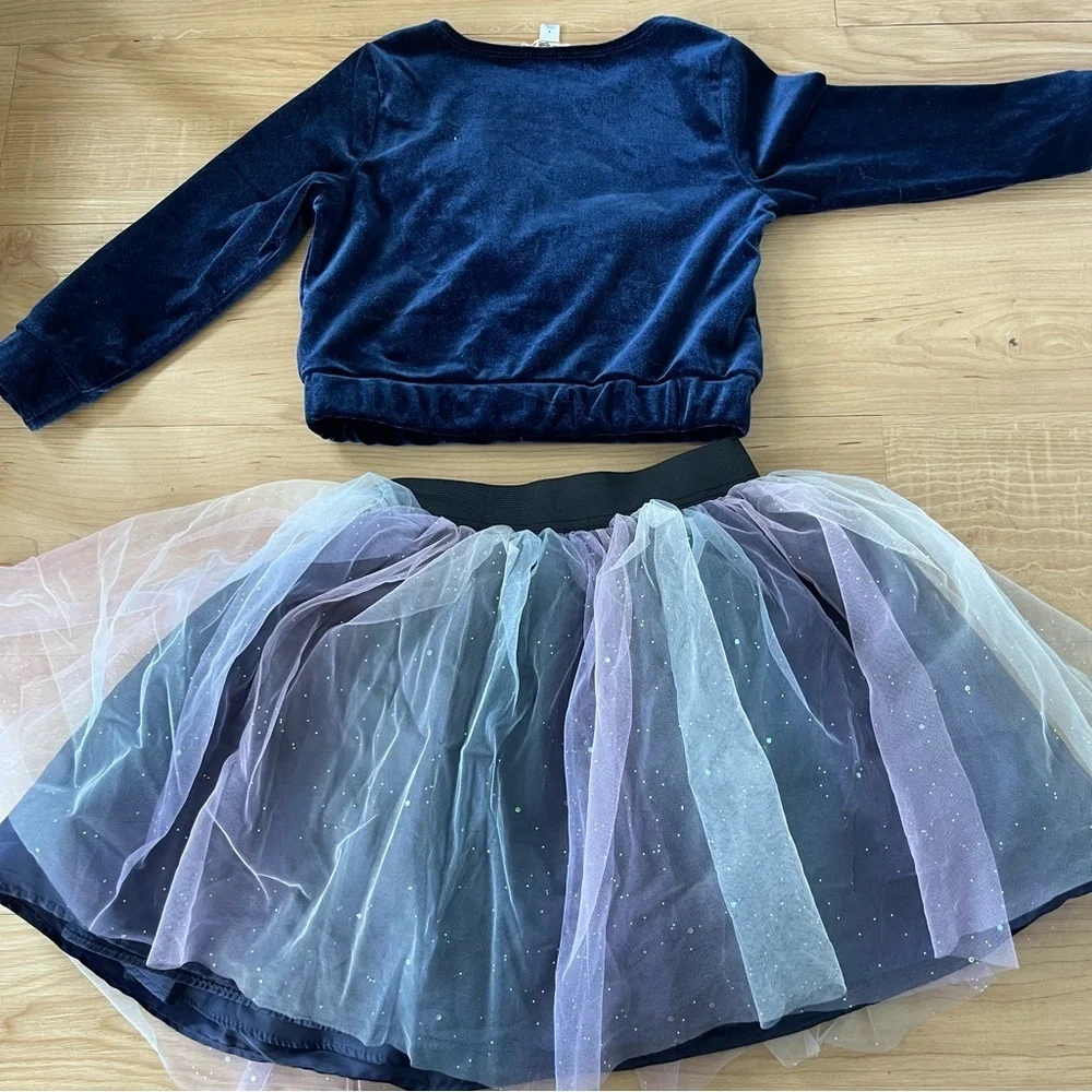 Girls Tulle Skirt Set Two Piece Velvet Star Rainbow Long sleeve Tutu Dress Sz 4